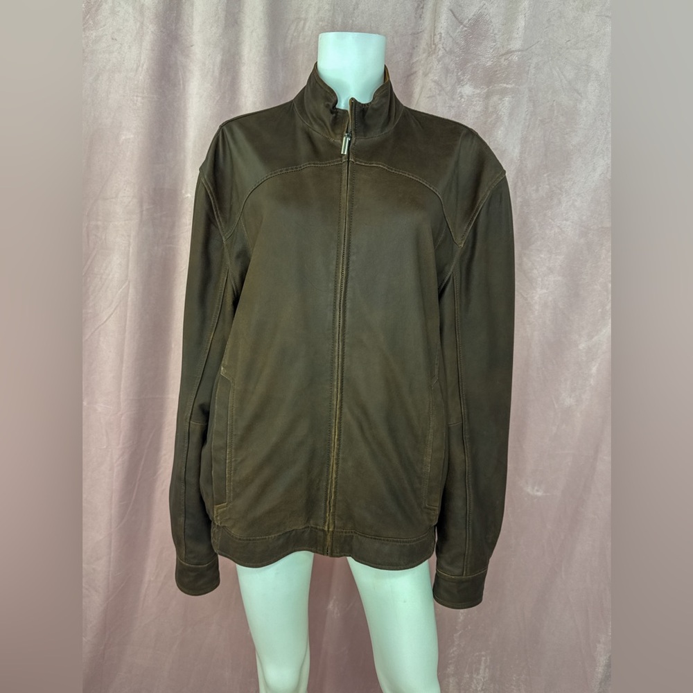 Bullock And Jones Mens Brown Leather  Bomber Jacket Size 2XL Luxury Full Zip USA